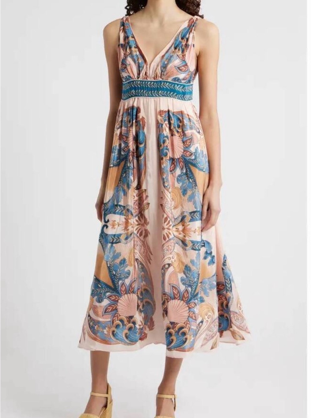 FARM Rio Garden Scarf Soft Pink Midi Dress, NWT